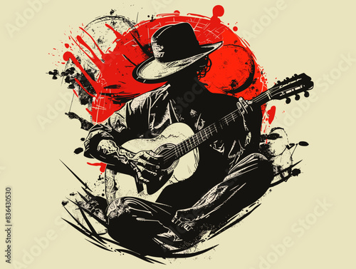 Guitar player. Grunge background. Vector illustration.