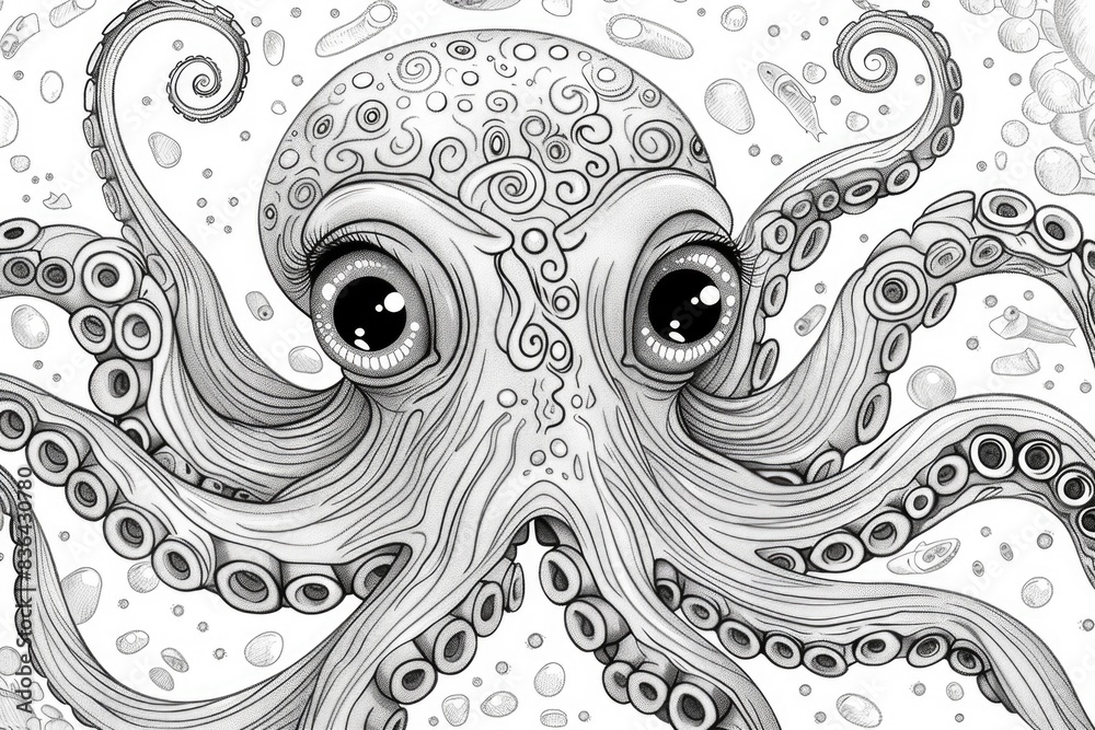 A detailed black and white drawing of an octopus's body and tentacles A detailed black and white drawing of an octopus's body and tentacles