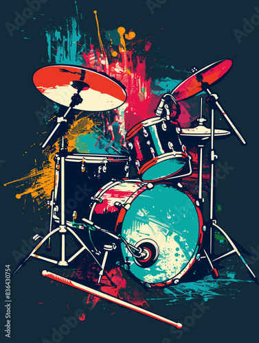 A colorful painting of a drum set with a splash of paint on the background. The drum set is surrounded by colorful paint splatters, giving the impression of a lively and energetic scene