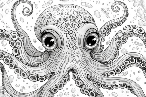 A detailed black and white drawing of an octopus's body and tentacles photo