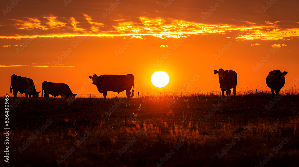Cows Grazing in a Countryside Field During a Vibrant Sunset on the Highlands in Summer Cows Grazing in a Countryside Field During a Vibrant Sunset on the Highlands in Summer