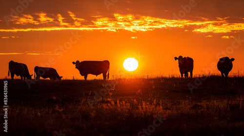 Cows Grazing in a Countryside Field During a Vibrant Sunset on the Highlands in Summer