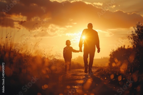 A father and son strolling together on a winding path during golden hour  great for use in family or outdoor-themed projects