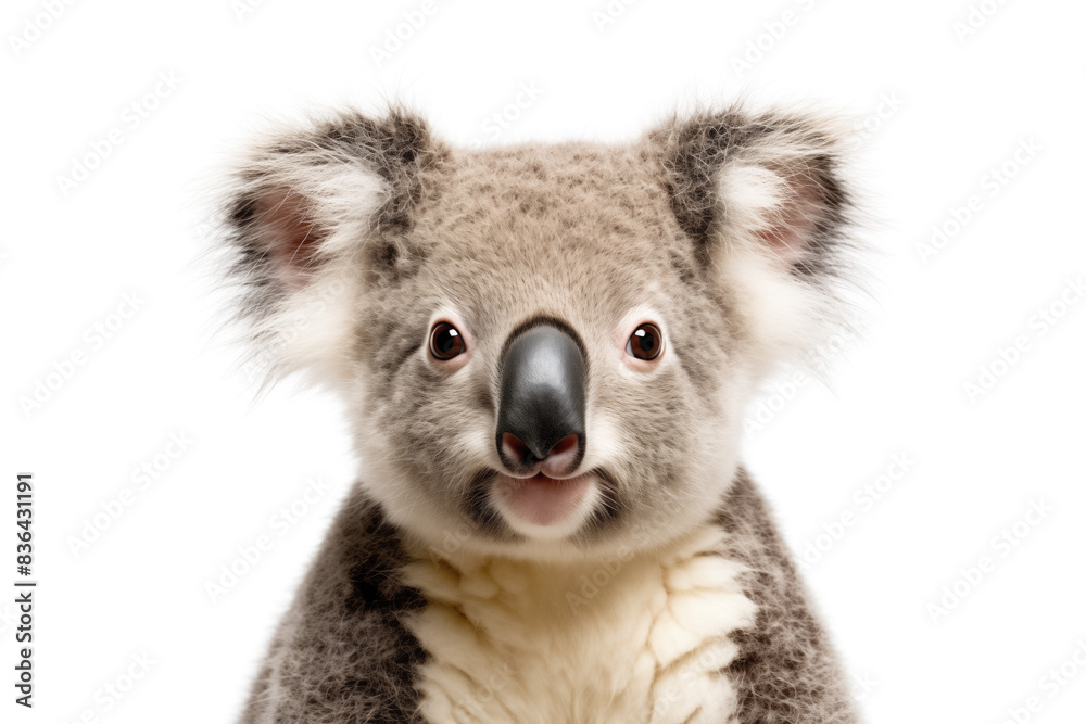 Young koala close-up portrait on white isolated background. Koala cute animal baby portrait. Generative AI Young koala close-up portrait on white isolated background. Koala cute animal baby portrait. Generative AI