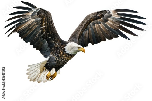 A bald eagle soaring through the sky with its feathers ruffled by the wind