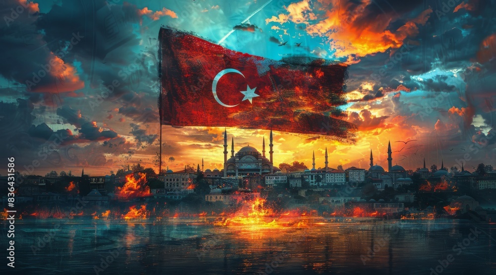 Fototapeta premium A Tattered Turkish Flag Waves at Sunset Over a Burning City