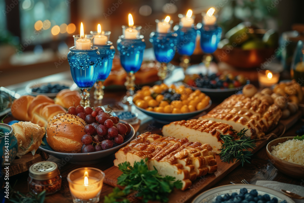 Naklejka premium A table set with candles, a menorah, and traditional foods. Concept of Hanukkah celebration and cultural heritage. Generative Ai.