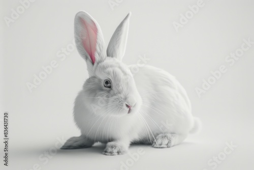 A cute white rabbit with bright pink ears sitting on a clean white surface