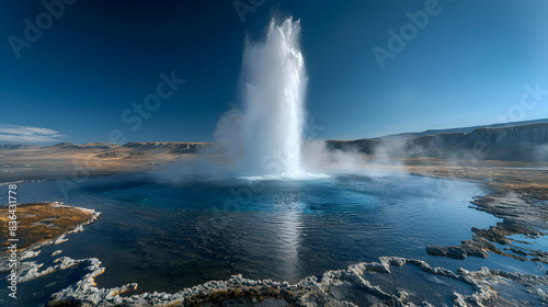 A dramatic nature geyser erupting, sending steam and water high into the air, surrounded by rugged terrain