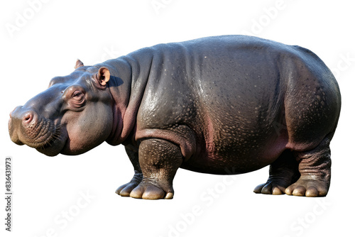 A detailed, realistic hippopotamus is captured against a transparent, white background in a png, focusing on its massive form photo