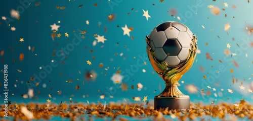 Golden Soccer Trophy With Stars and Confetti Falling