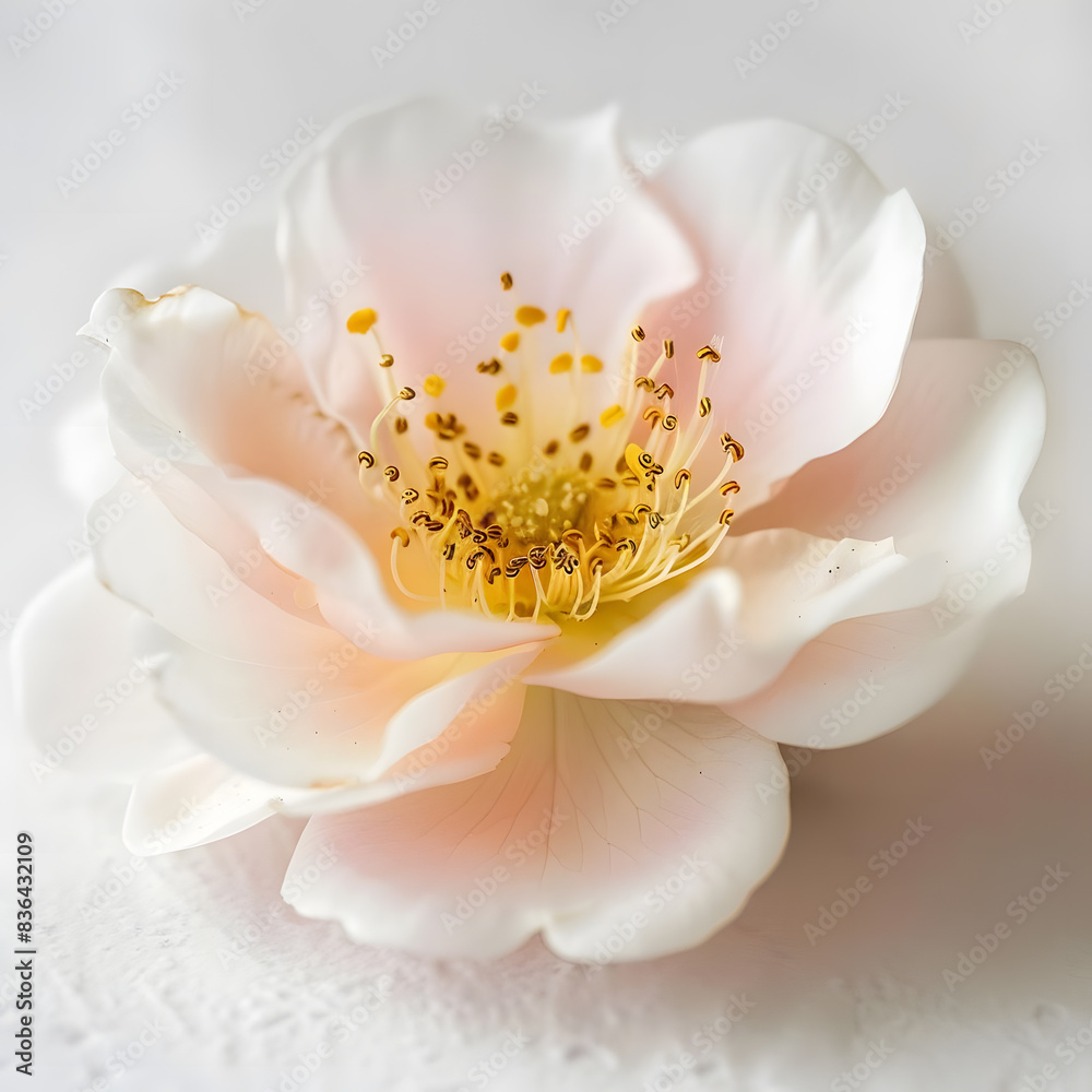 Obraz premium Intimate close-up of a pink rose with prominent stamens, showcasing its intricate details.