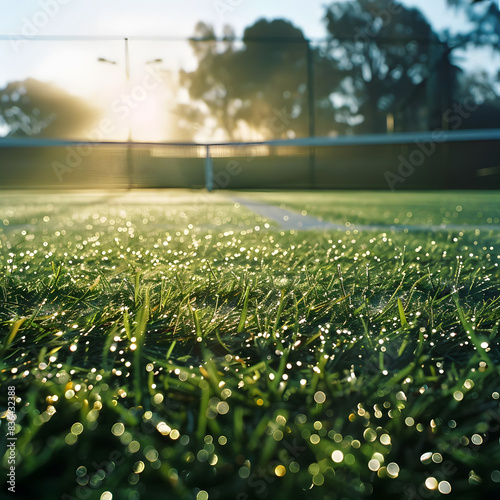 Dawn tennis court scene with freshly cut grass, capturing the serene morning atmosphere before a tournament.