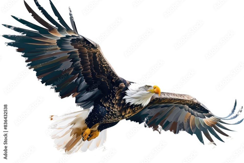 Obraz premium A bald eagle soaring through the sky, its wings spread wide