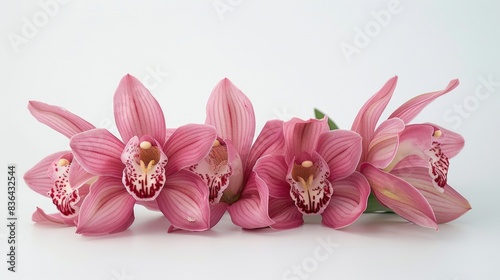 A bouquet of pink flowers sits on a white surface  awaiting arrangement or display