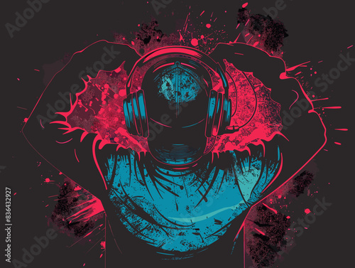 Abstract grunge music background with headphones. Vector illustration for your design