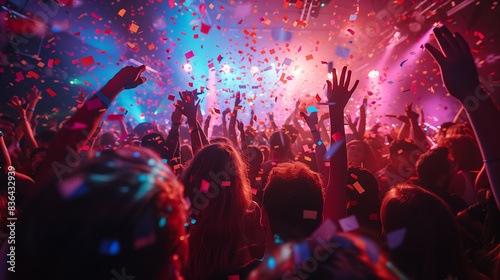 Rear view of crowd happy people listening and dancing on concert. Generative AI