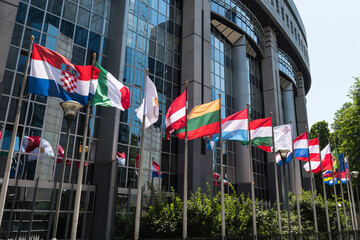 Fluttering flags of the countries of the European Union in a row in Brussels, Belgium. Close up	