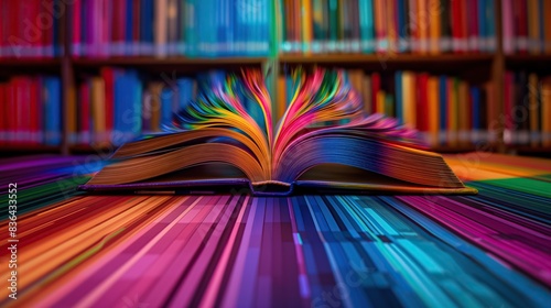 open magic book with colorful vibrant pages in library, on table background. pure imagination and thirst of knowledge and study concept