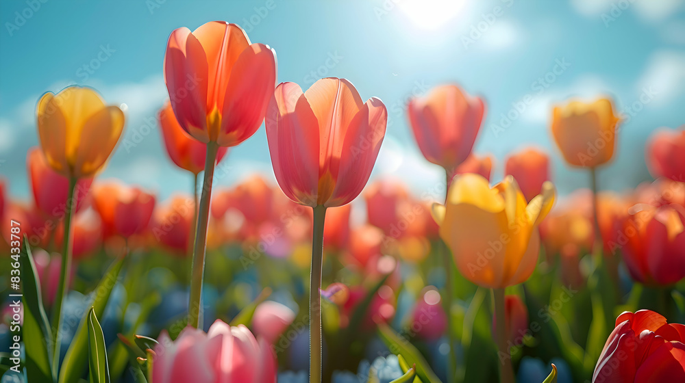 A field of multicolored tulips stretching out under a clear blue sky on a sunny day A field of multicolored tulips stretching out under a clear blue sky on a sunny day