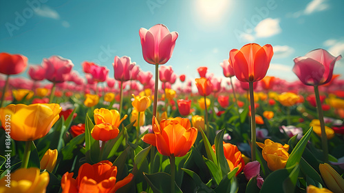 A field of multicolored tulips stretching out under a clear blue sky on a sunny day