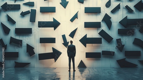 Decision making and career path concept with man standing in front of a wall with multiple black arrows pointed in different directions