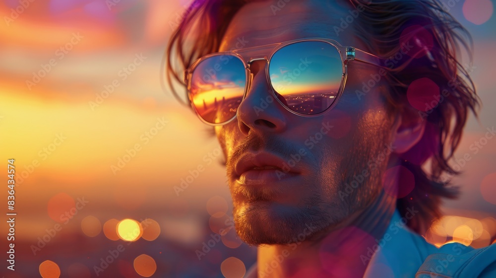A Close up of a Man Wearing Sunglasses With Colorful Lights in the Sky Behind Him - Generative AI A Close up of a Man Wearing Sunglasses With Colorful Lights in the Sky Behind Him - Generative AI