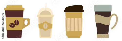 Take away coffee. Different types of drinks set. Espresso, americano cup, cappuccino and latte in paper mug, iced macchiato in glass. Flat vector illustrations isolated on white background