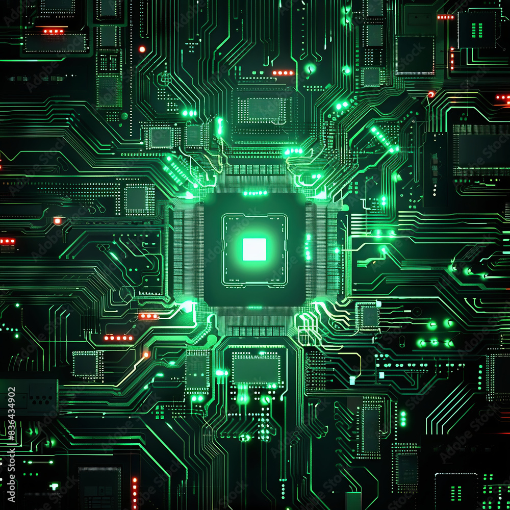 Fototapeta premium 3d render of glowing green circuit board, computer chip and microchips background. High tech digital technology concept