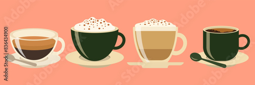 Hot and cold coffee beverage. Different types of drinks set. Espresso, americano cup, cappuccino and latte in paper mug, iced macchiato in glass. Flat vector illustrations isolated on white background