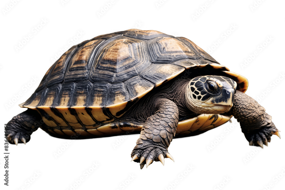 Obraz premium A solitary tortoise with textured shell, png, posed on a transparent white background for wildlife themes