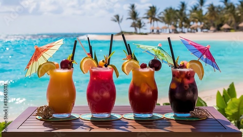 Four colorful exotic cocktails background turquoise sea