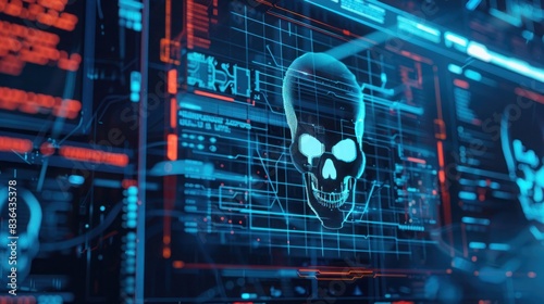 Cyber attack with skull symbol on screen for alert photo