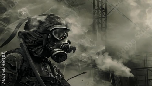 A person wearing a gas mask and smoking a cigarette.