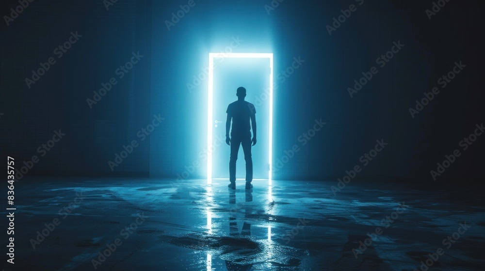Shadowed figure standing before a glowing door symbolizing opportunities. Shadowed figure standing before a glowing door symbolizing opportunities.