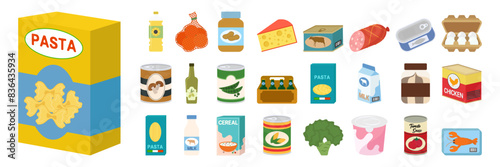 Grocery food set vector illustration. Cartoon fruit and vegetables, meat, bakery, confectionery and dairy products, colorful elements for cooking. Supermarket list, diet plan concept