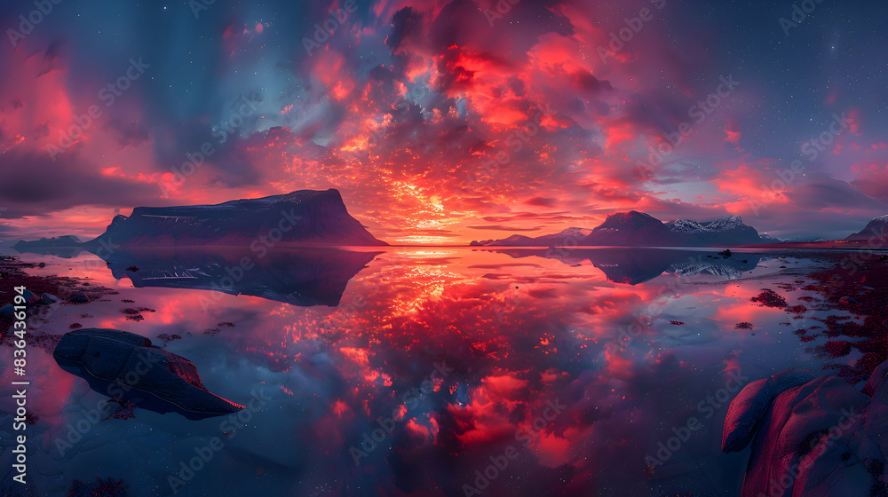 Fototapeta premium A nature bay during sunset, the sky ablaze with colors, and the water reflecting the hues