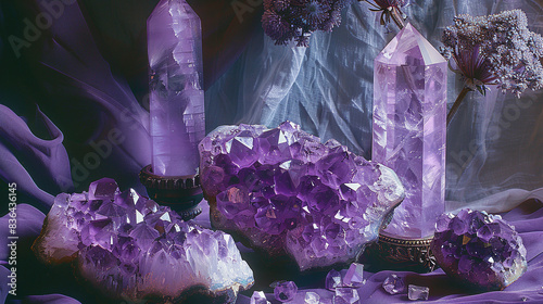 violet gemstone amethyst, with candles, quartz, protection photo