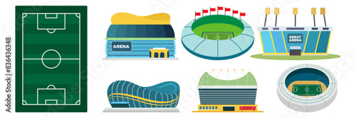 Soccer or football game stadium championship fan set. Team t-shirt, scarf, whistle, ball, goal, tournament cup, foam hand, trumpet, hat. Competition match attributes flat vector illustration