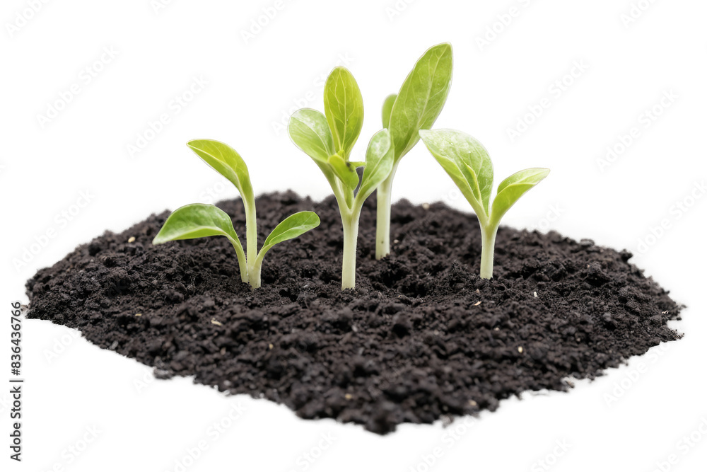 Three young green plants sprouting from a pile of fertile soil on a transparent white background for a png image Three young green plants sprouting from a pile of fertile soil on a transparent white background for a png image