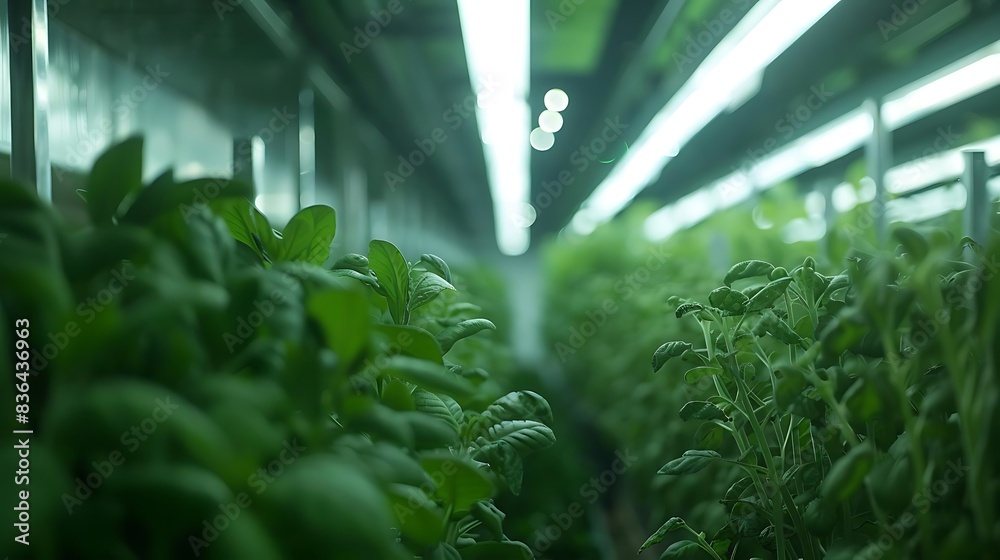 hydroponic farming in a greenhouse with a green plant and leaf illuminated by a white light hydroponic farming in a greenhouse with a green plant and leaf illuminated by a white light