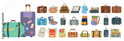 Summer travel vacation Icons luggage. Flat style. Suitcases and backpacks. Vector illustration.