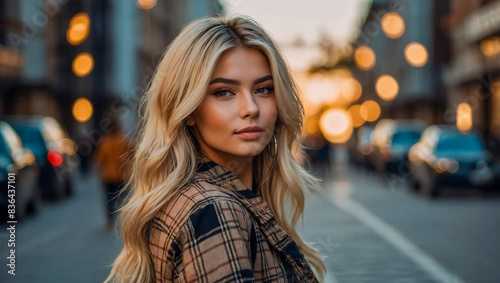 Stunning portrait of a beautiful woman influencer and model with blonde hair highlights