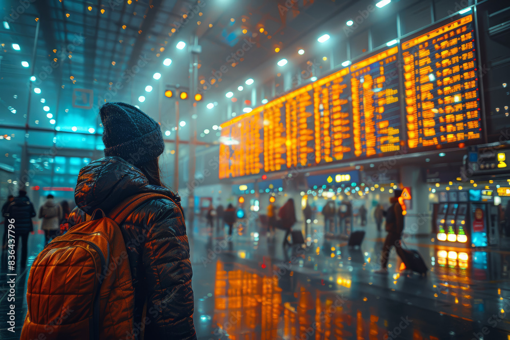 A busy airport terminal with travelers and flight information screens. Concept of global connectivity and travel. Generative Ai. A busy airport terminal with travelers and flight information screens. Concept of global connectivity and travel. Generative Ai.