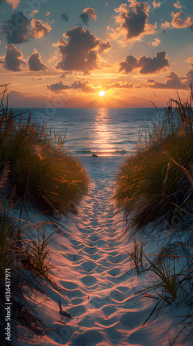 Fototapeta Naklejka Na Ścianę i Meble -  A nature coastal dune scene with a family of birds resting on the sand, the sun setting in the background
