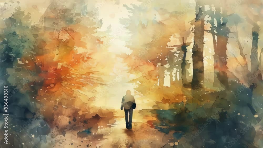 A person walking along a winding path through dense woods, with sunlight filtering through the trees. A person walking along a winding path through dense woods, with sunlight filtering through the trees.