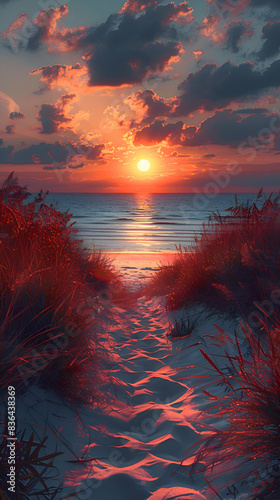 Fototapeta Naklejka Na Ścianę i Meble -  A nature coastal dune scene with a family of birds resting on the sand, the sun setting in the background