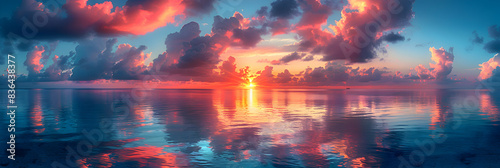 A nature coral atoll during sunset, the sky ablaze with colors, and the water reflecting the hues photo