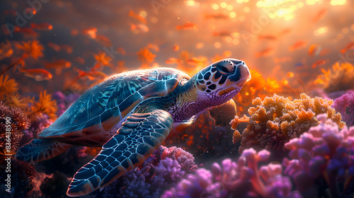 A nature coral atoll scene with a sea turtle swimming gracefully among the corals, the sun setting in the background