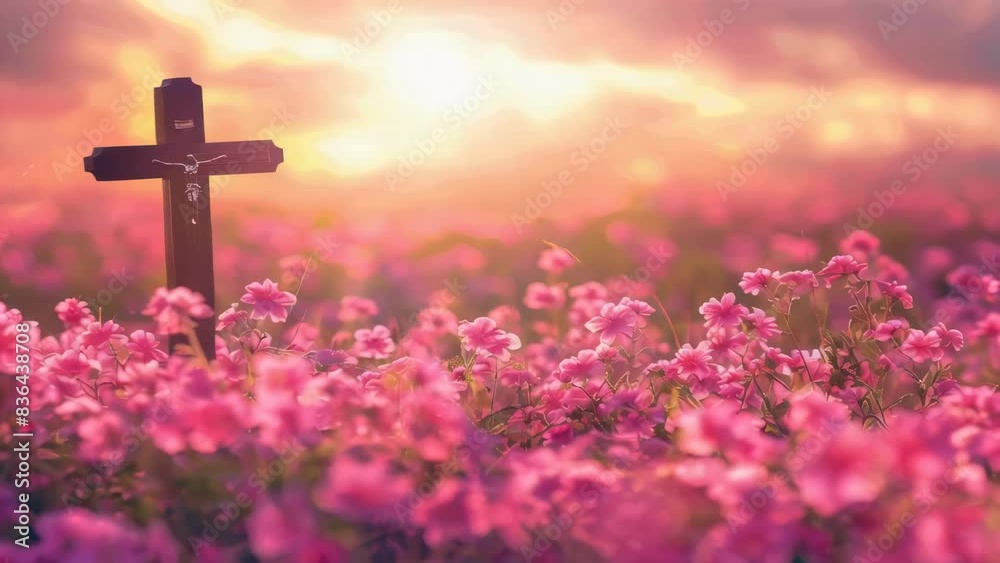 A wooden cross standing amidst a beautiful field of colorful flowers, often used as a symbol for hope and remembrance. A wooden cross standing amidst a beautiful field of colorful flowers, often used as a symbol for hope and remembrance.